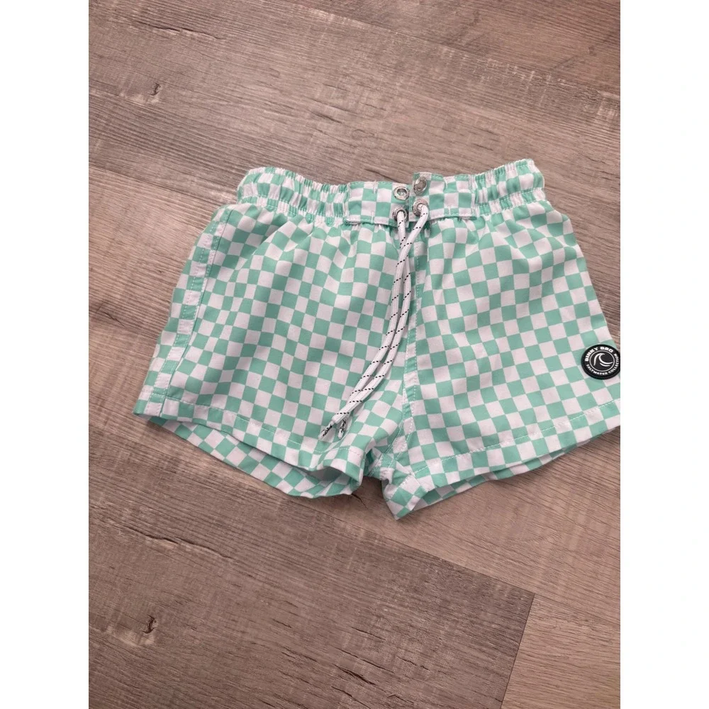 Binky Bro Mint Green Checkerboard Swimmies Swim Trunks — Size 2-3 Years